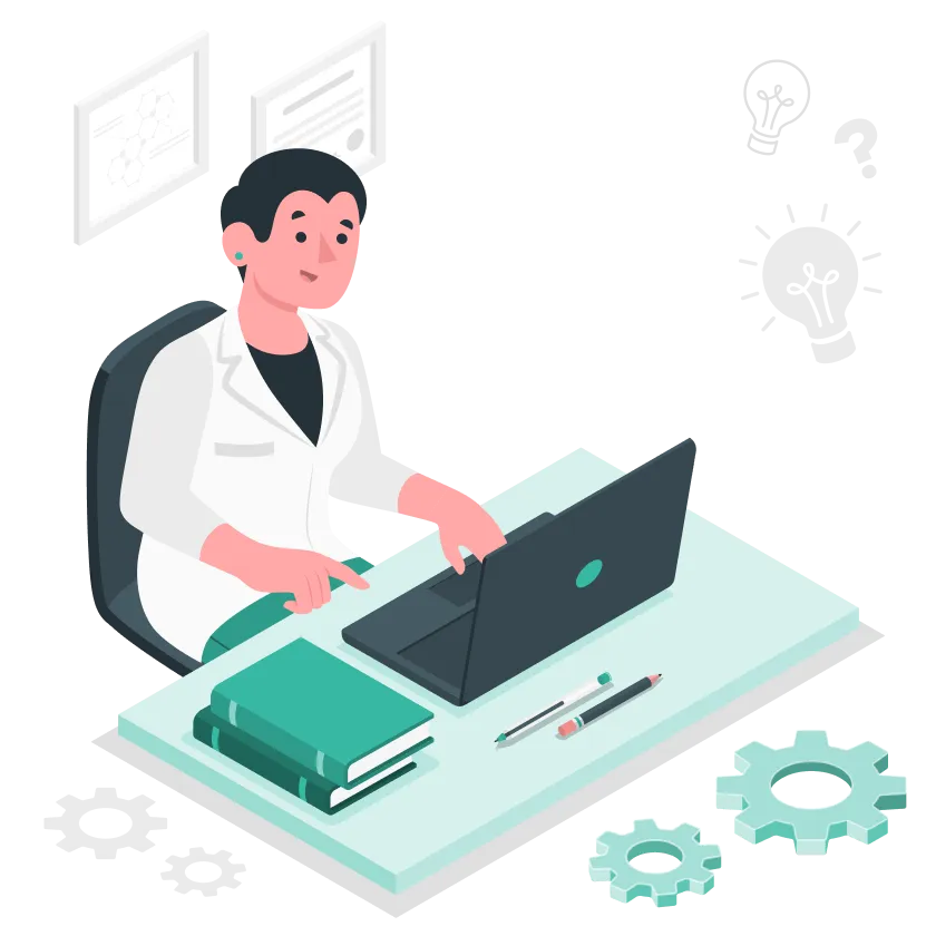 Medico in ufficio utilizza il computer per svolgere le terapie digitali.